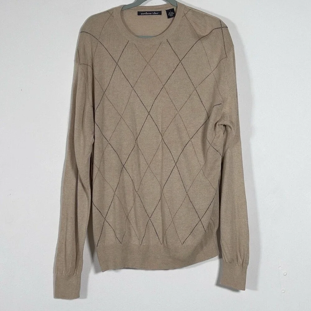 Northern Isles Silk Cashmere Argyle Sweater Mens Sz L Crew Neck‎ Long Sleeve